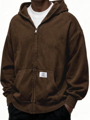 Heavyweight Hooded Full-zip Cardigan Sweatshirt with Kangaroo Pocket and Label