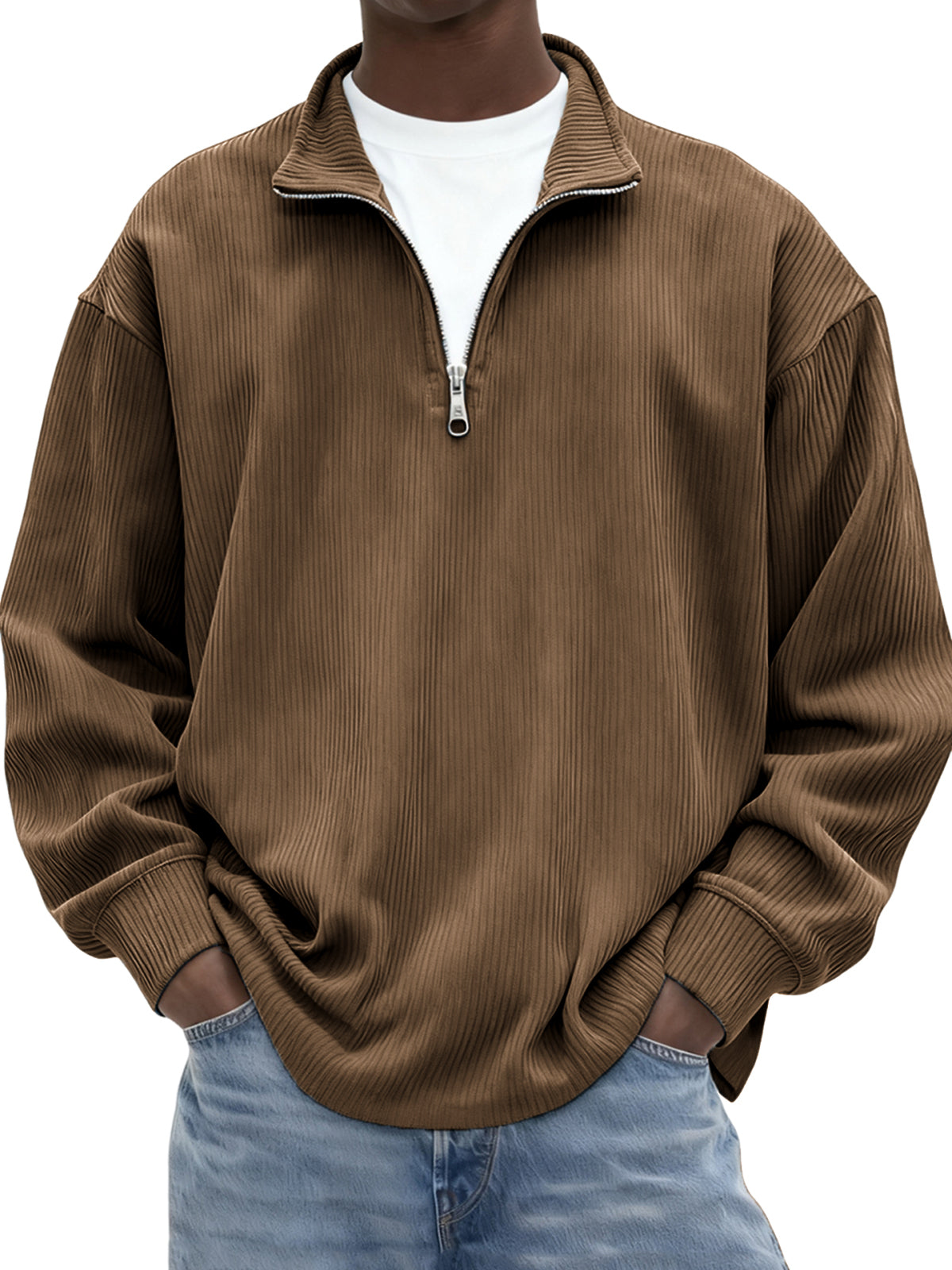 Men's Minimalist Ribbed Quarter Zip Long-sleeved T-shirt
