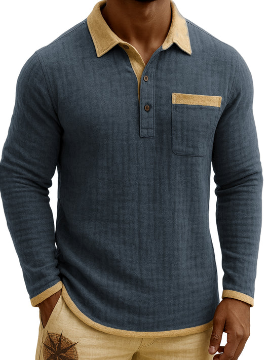 Men's Vintage Breathable Linen Contrast Color Polo Shirt