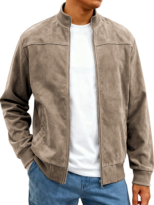 Suede Solid Color Zipper Jacket Casual Vintage Cardigan