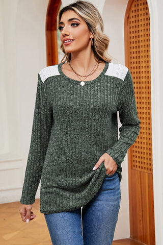 Women's Eyelet Ribbed Round Neck Long Sleeve T-Shirt