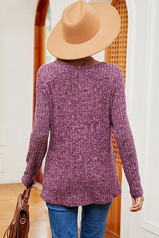 Women's Eyelet Ribbed Round Neck Long Sleeve T-Shirt