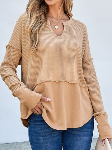 Women's Waffle-Knit Notched Long Sleeve T-Shirt