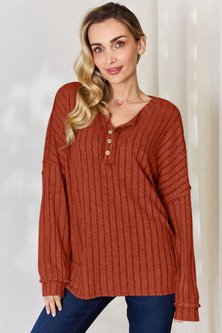 Women's Basic Bae Full Size Ribbed Half Button Long Sleeve T-Shirt