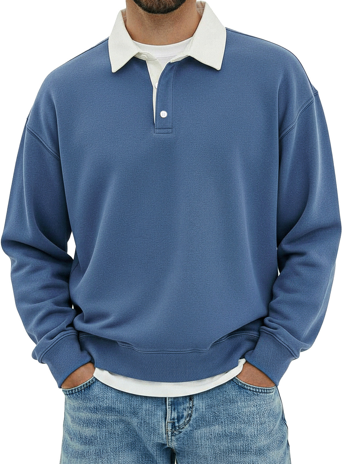 Men's Casual Solid Color Collar Color Simple Loose Long Sleeve Lar Polo Shirt