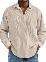 Men's Casual Daily Solid Color Pleated Texture Long-sleeved Lapel Polo Shirt