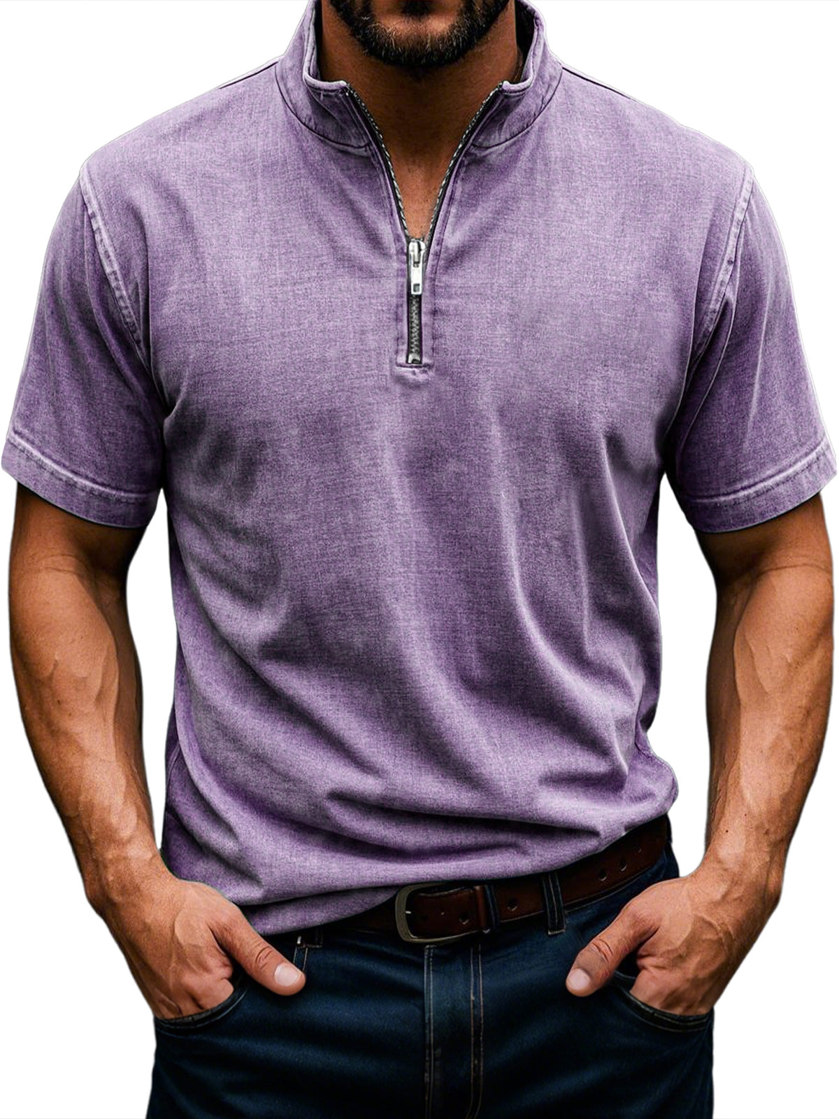 Men's Retro Stand Collar Zipper Casual Solid Color Short Sleeve T-Shirt
