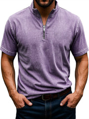 Men's Retro Stand Collar Zipper Casual Solid Color Short Sleeve T-Shirt