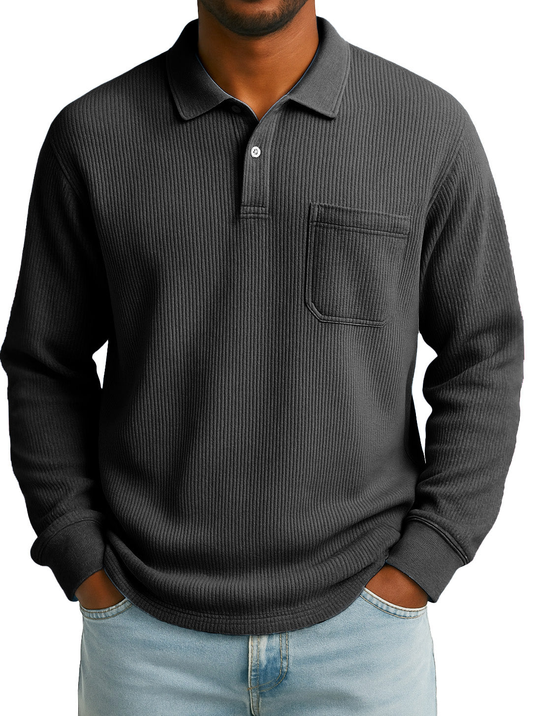 Men's Stylish Everyday Casual Corduroy Fabric Pocket Lapel Long-sleeved Polo Shirt 