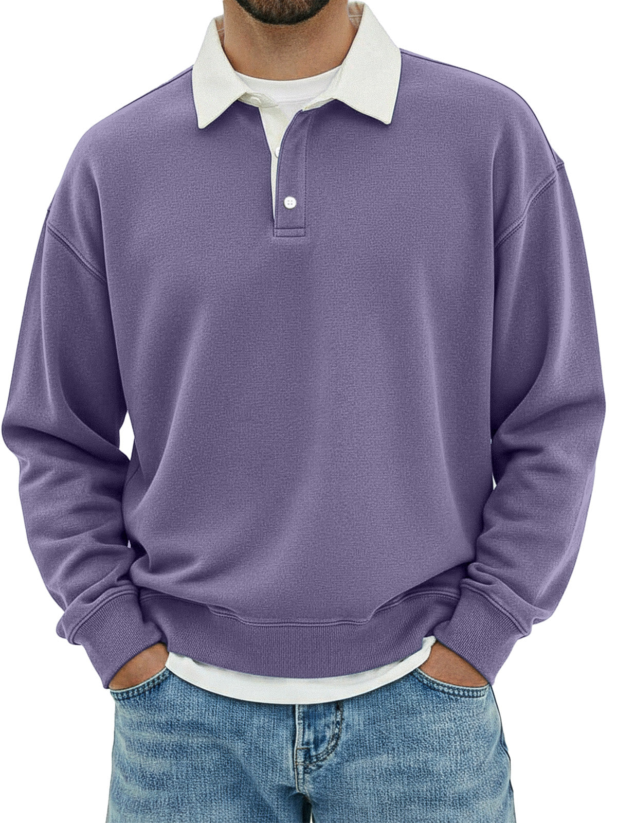 Men's Casual Solid Color Collar Color Simple Loose Long Sleeve Lar Polo Shirt