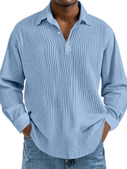 Men's Casual Daily Solid Color Pleated Texture Long-sleeved Lapel Polo Shirt