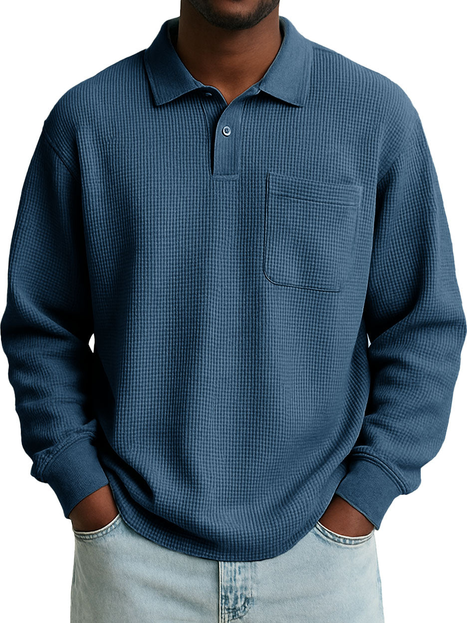Men's Stylish Casual Everyday Waffle Long-sleeved Lapel Polo Shirt 