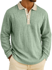 Men's Retro Everyday Colorblock Lapel Button Comfort Long Sleeve Polo Shirt