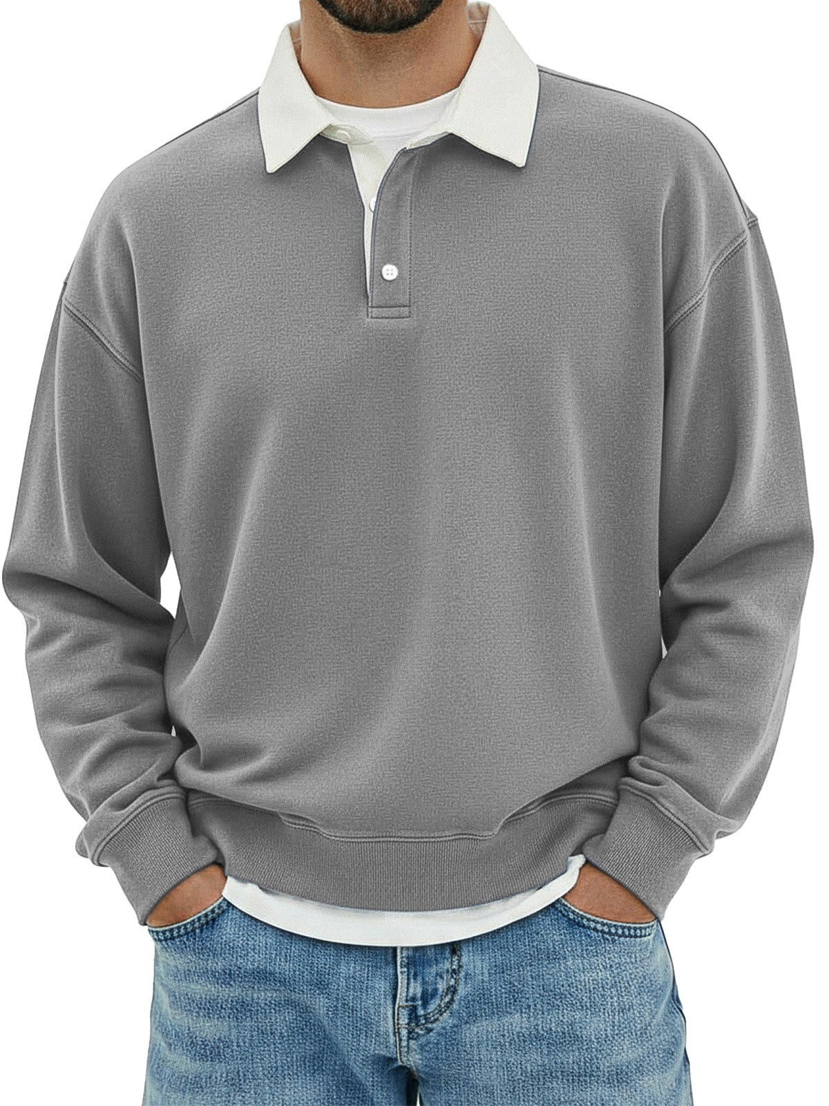 Men's Casual Solid Color Collar Color Simple Loose Long Sleeve Lar Polo Shirt
