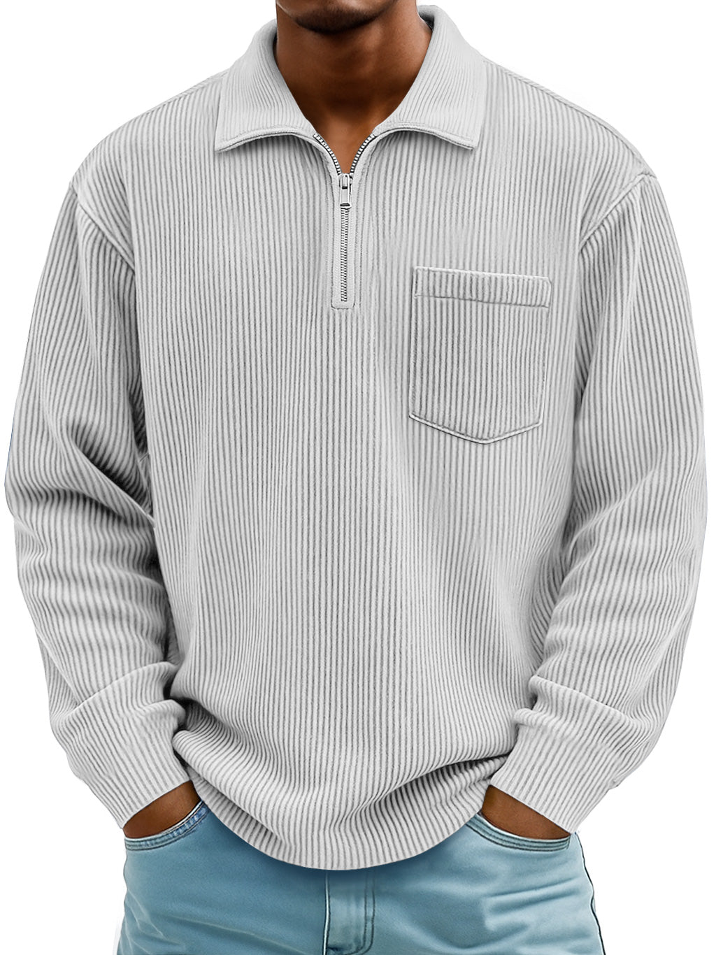 Men's Daily Casual Ribbed Lapel Manhattan Loose Long-sleeved Polo Shirt