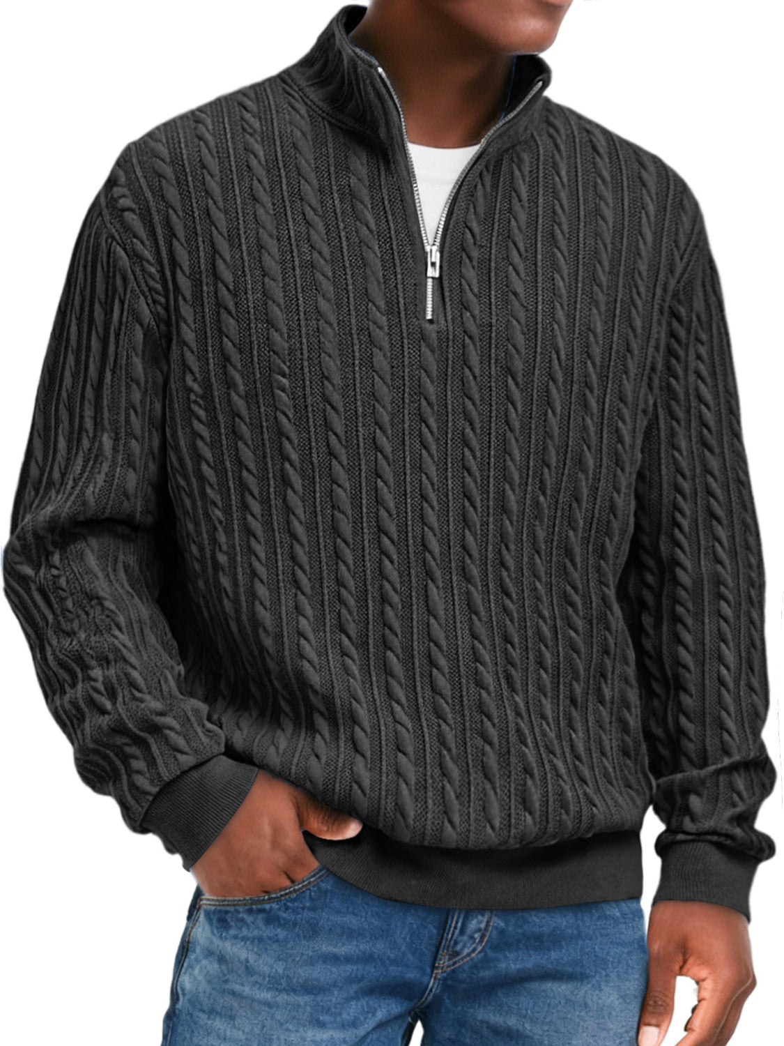 Men's Fashion Textured Stand Collar Zipper Casual Long Sleeve T-shirt