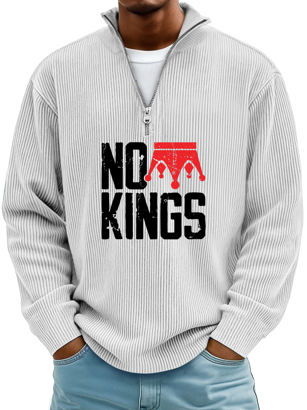 Men's Simple No Kings Ribbed Stand-up Collar Zipper Casual Long-sleeved T-shirt