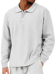 Men's Everyday Waffle Lapel Button-down Loose Casual Long-sleeved Polo Shirt