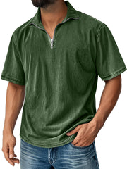 Men's Retro Stand Collar Zipper Casual Solid Color Short Sleeve T-shirt