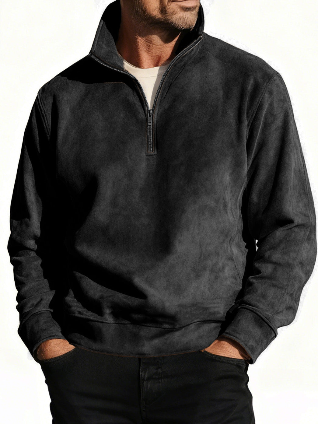 Men's Stylish Casual Suede Fabric Stand-up Collar Half-zip Long-sleeved Sweatshirt 