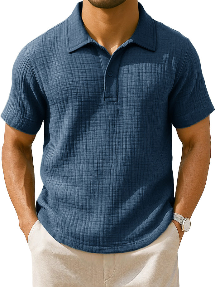  Men's Clothing Fashionable Casual Jacquard Pleated Fabric Lapel Short-sleeved Loose Polo Shirt 