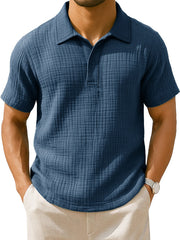  Men's Clothing Fashionable Casual Jacquard Pleated Fabric Lapel Short-sleeved Loose Polo Shirt 