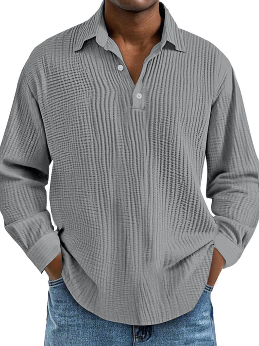 Men's Casual Daily Solid Color Pleated Texture Long-sleeved Lapel Polo Shirt