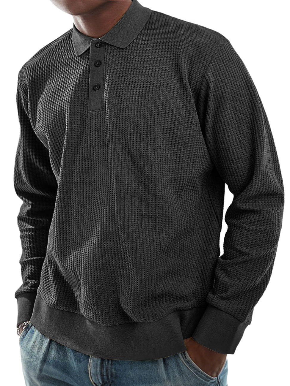 Men's Everyday Waffle Lapel Button-down Casual Long-sleeved Polo Shirt
