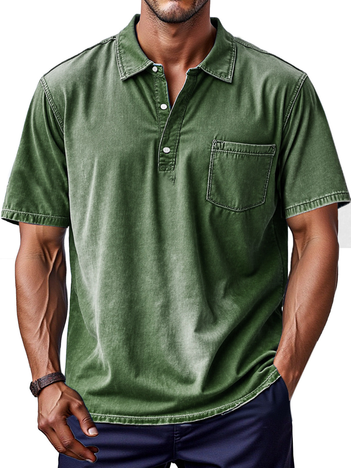 Men's Retro Solid Color Comfortable And Breathable Lapel Button-up Polo Shirt