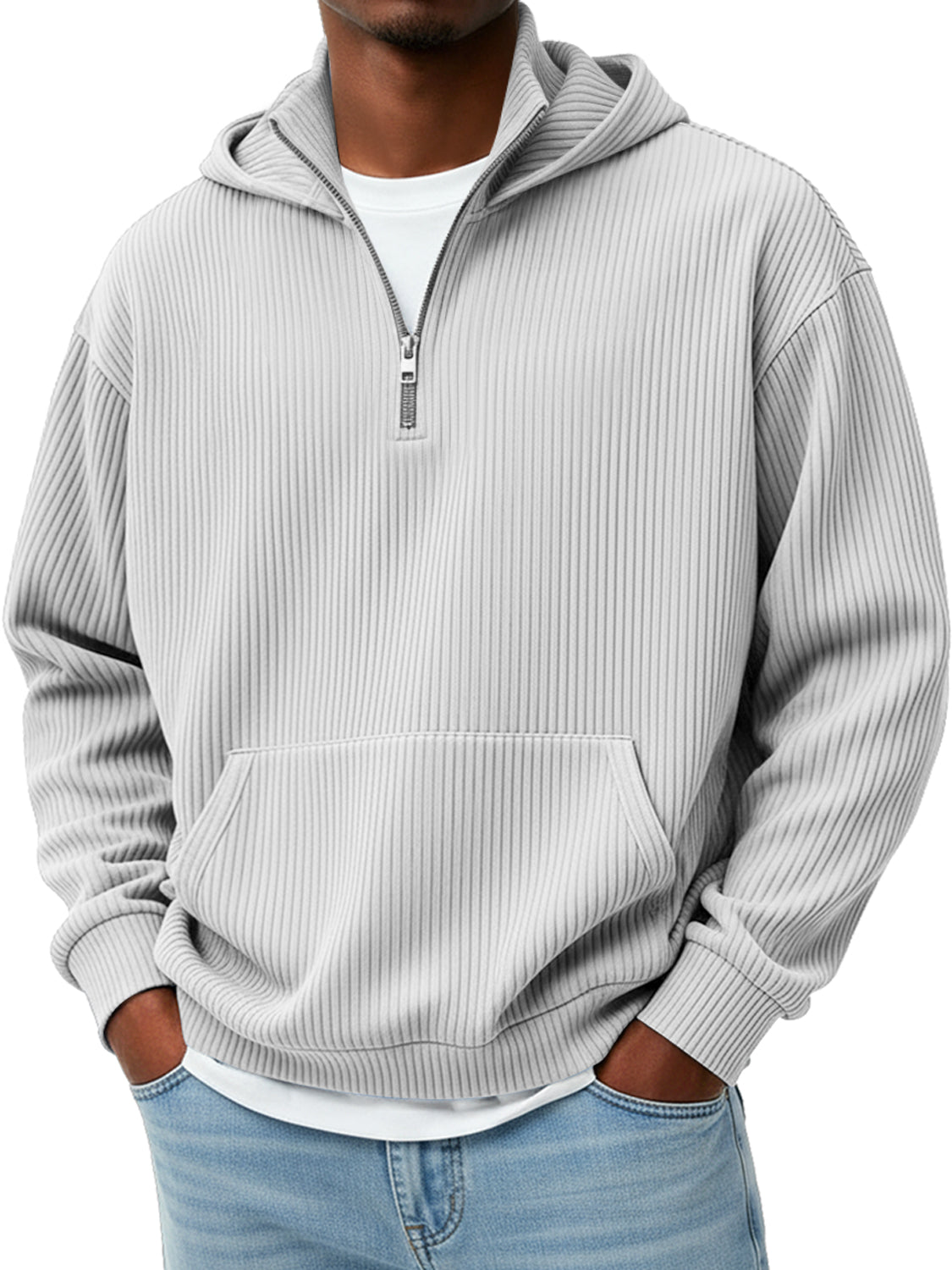 Men's Pit Stripe Stand Collar Zipper Casual Loose Hooded Sweatshir