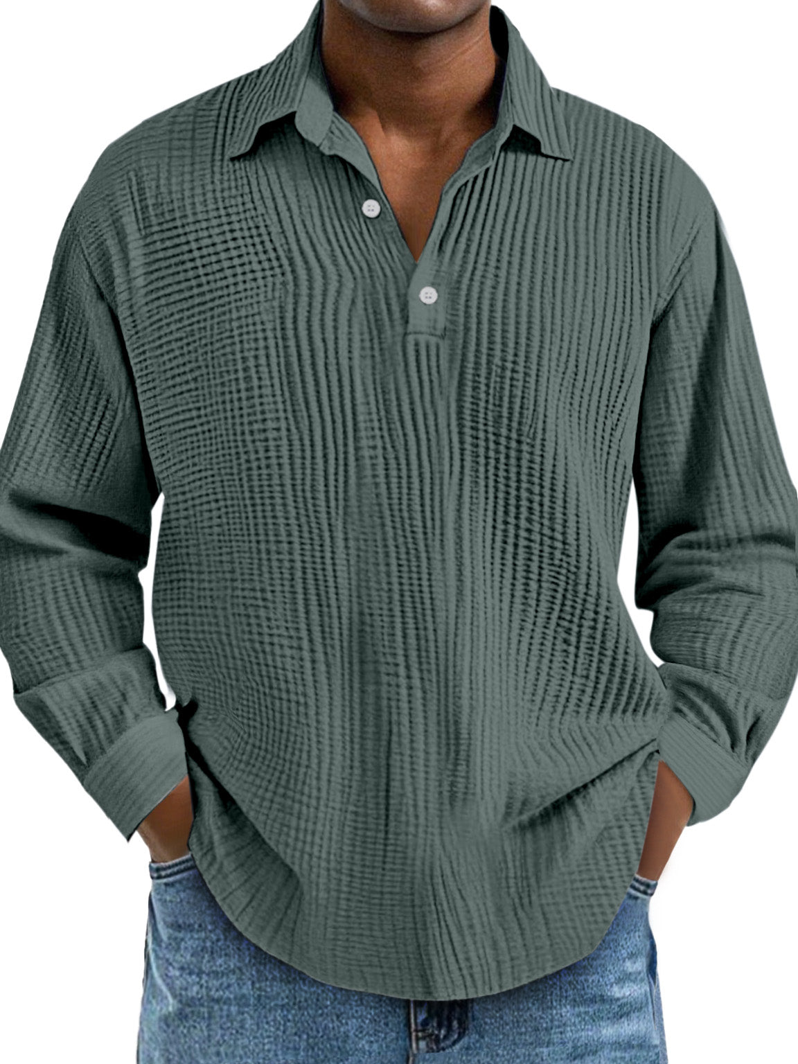 Men's Casual Daily Solid Color Pleated Texture Long-sleeved Lapel Polo Shirt