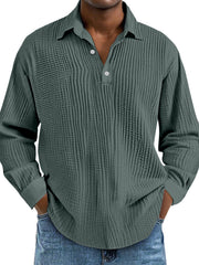 Men's Casual Daily Solid Color Pleated Texture Long-sleeved Lapel Polo Shirt