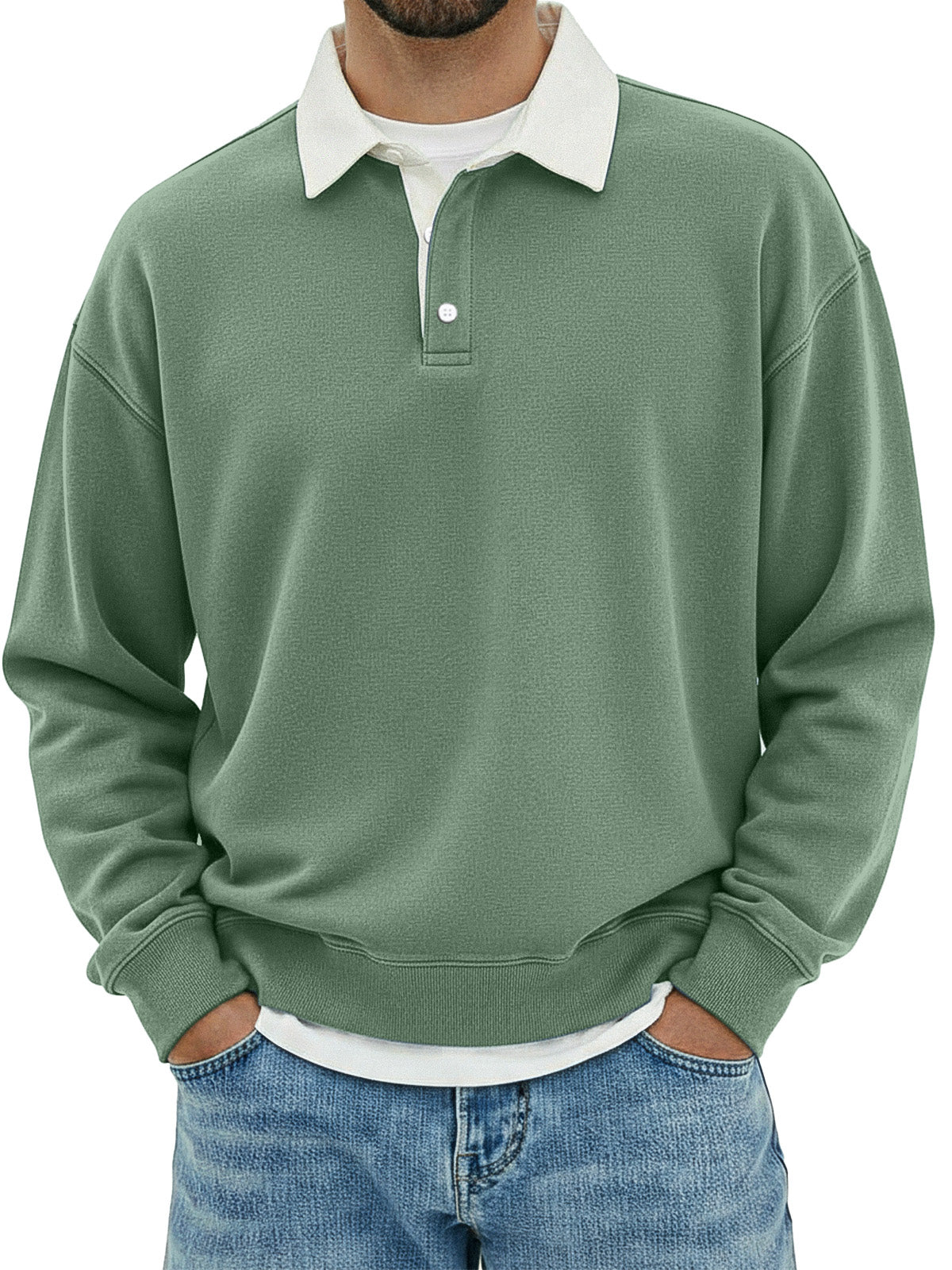 Men's Casual Solid Color Collar Color Simple Loose Long Sleeve Lar Polo Shirt