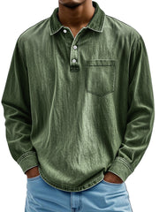 Men's Retro Lapel Button Casual Pocket Comfortable Long Sleeve Polo Shirt