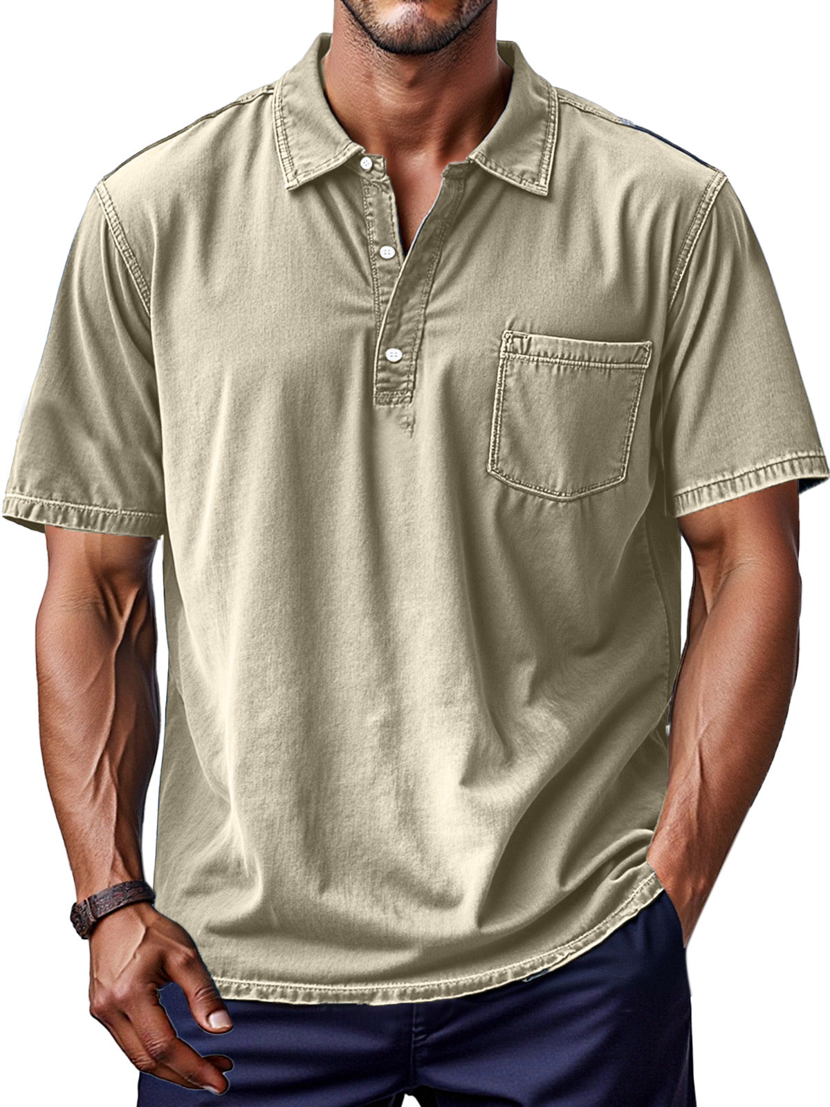Men's Retro Solid Color Comfortable And Breathable Lapel Button-up Polo Shirt