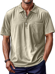 Men's Retro Solid Color Comfortable And Breathable Lapel Button-up Polo Shirt