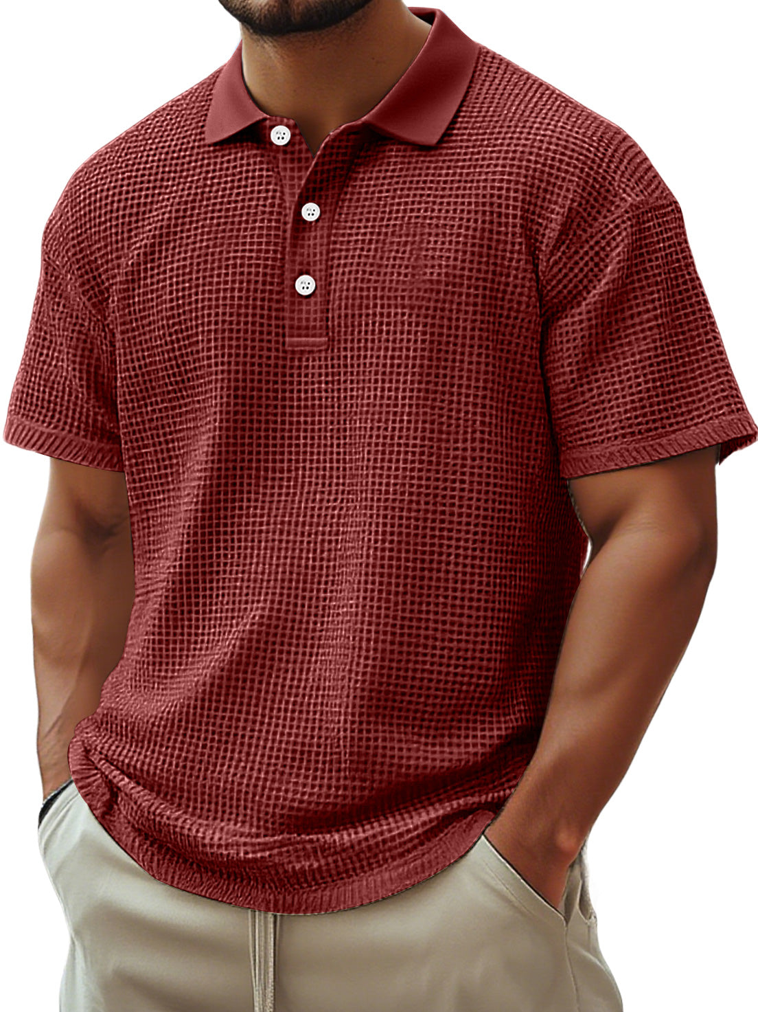 Men's Everyday Waffle Casual Lapel Button Down Comfortable Short-sleeved Polo Shirt