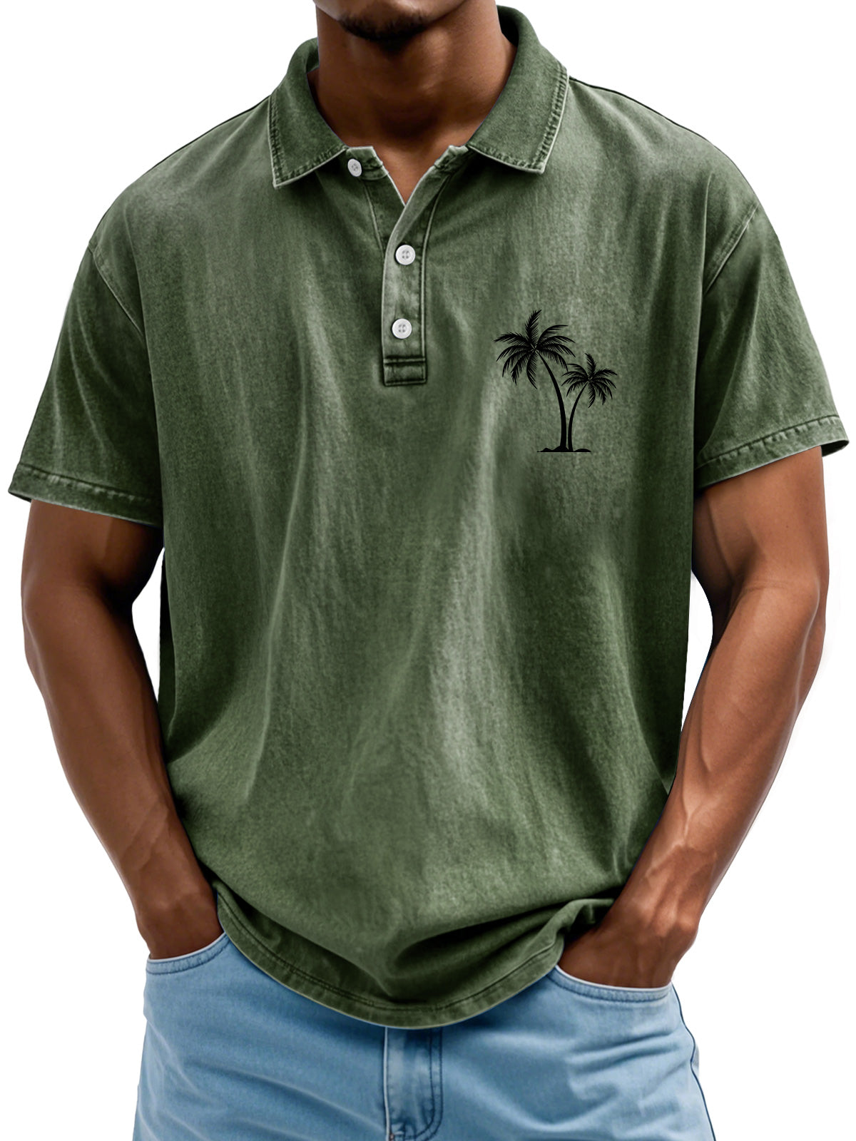 Men's Retro Lapel Coconut Tree Printed Casual Short Sleeve POLO Shirt