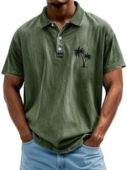 Men's Retro Lapel Coconut Tree Printed Casual Short Sleeve POLO Shirt