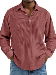 Men's Casual Daily Solid Color Pleated Texture Long-sleeved Lapel Polo Shirt