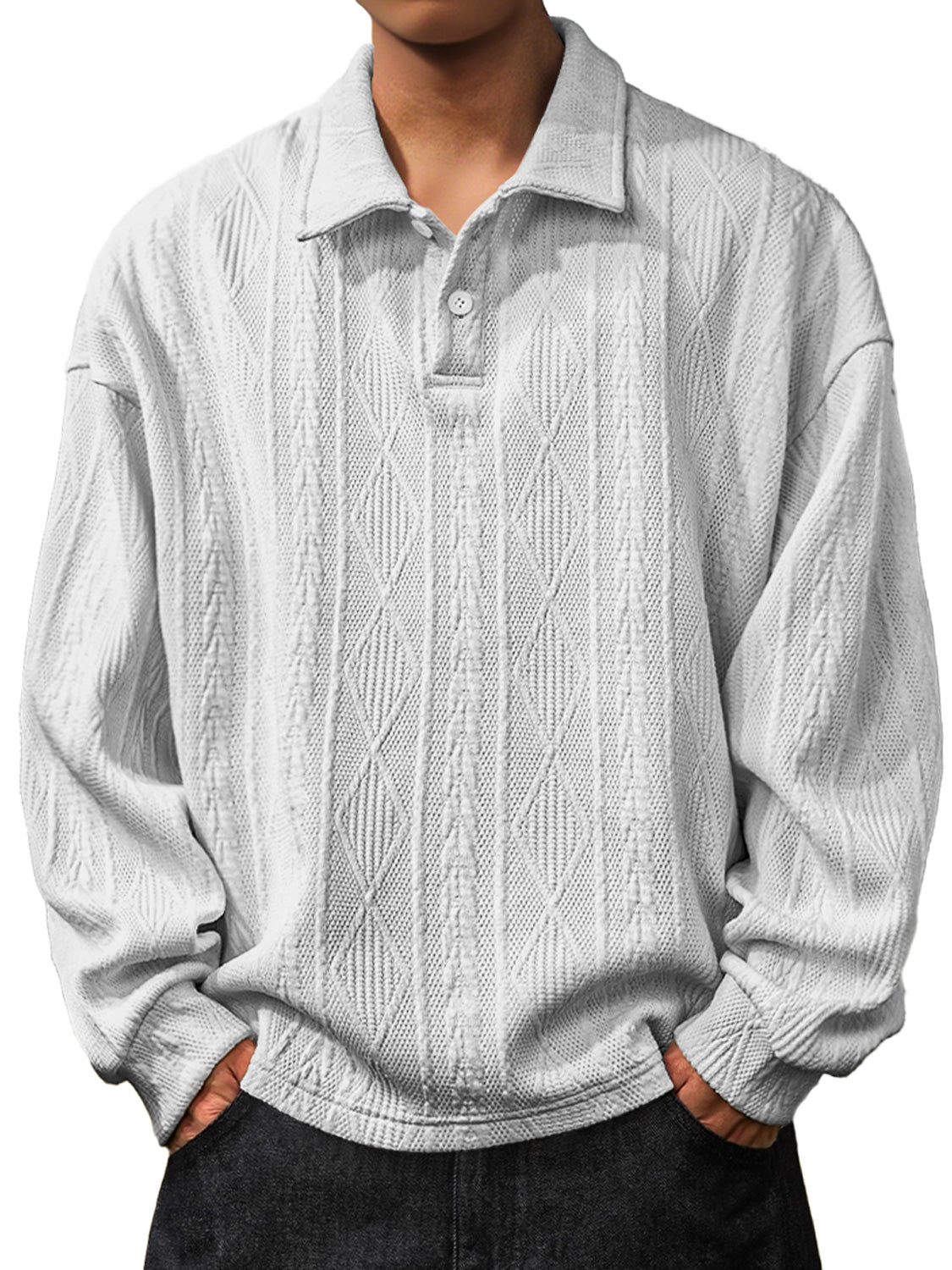 Men's Daily Jacquard Texture Lapel Button Long Sleeved Polo Shirt