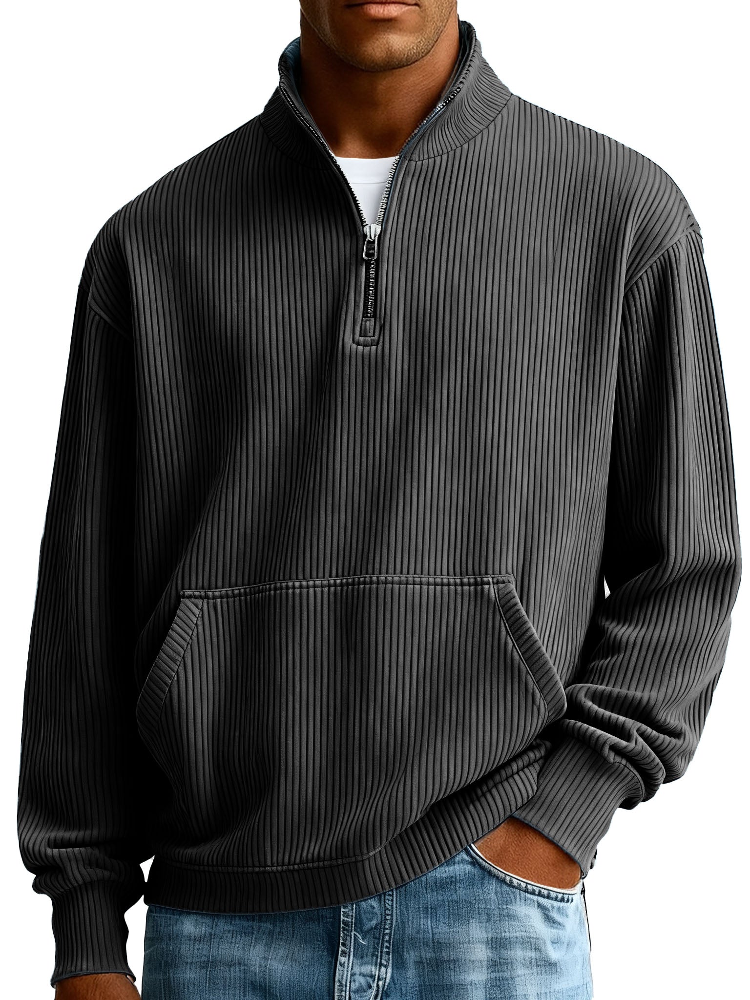  Men's Fashionable Casual Ribbed Fabric Stand-up Collar Half-zip Long-sleeved Sweatshirt