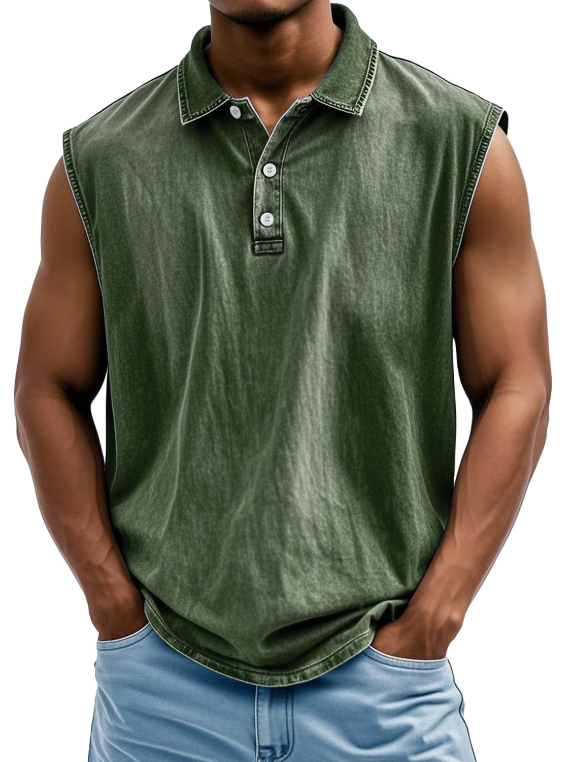 Men's Retro Casual Lapel Button Solid Color Loose Sleeveless POLO Shirt