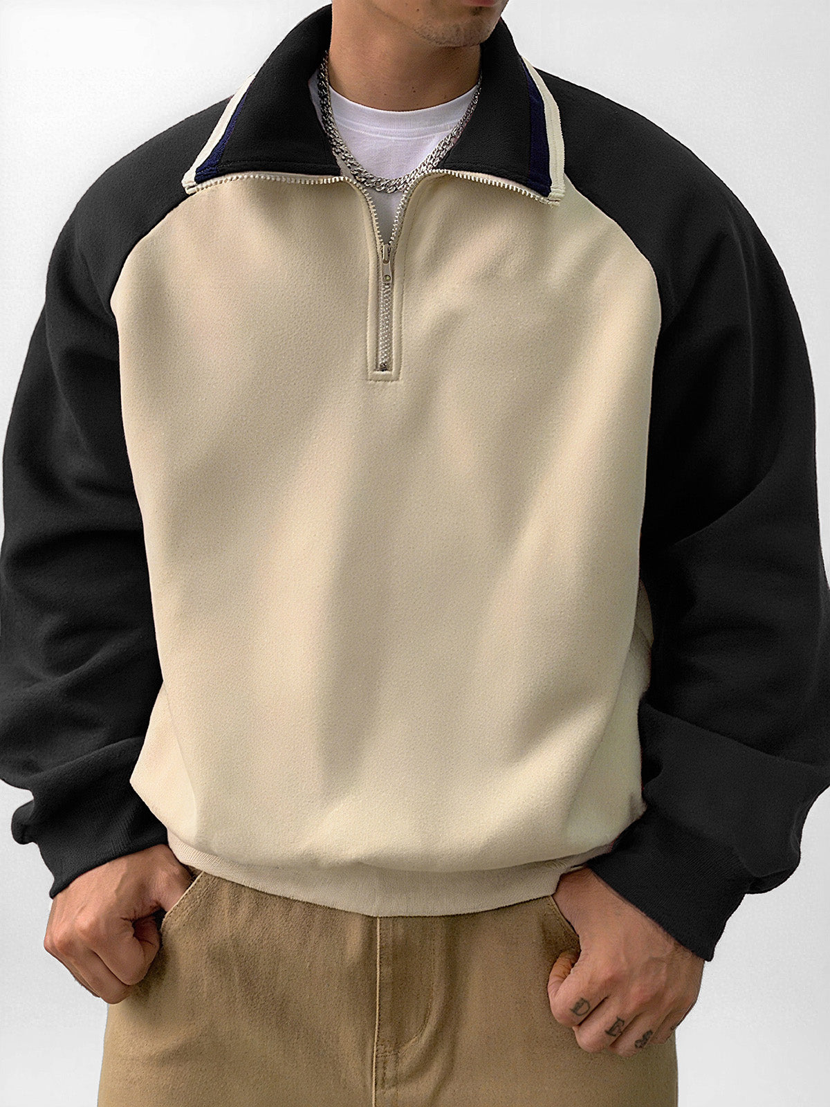 Men's Stylish Retro Patchwork Zippered Loose-fitting Long-sleeved Sweatshirt 