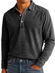 Men's Stylish Vintage Washed And Distressed Lapel Long-sleeved Polo Shirt 