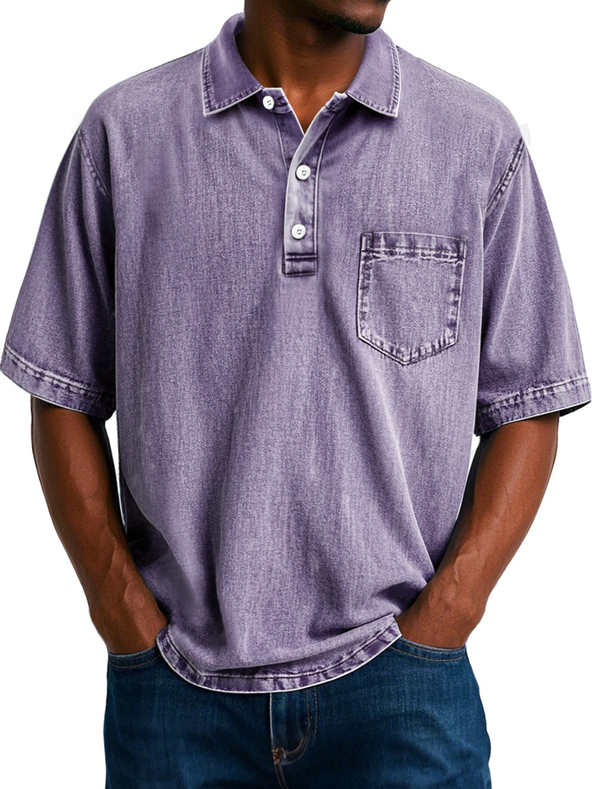 Men's Vintage 100% Cotton Washed Distressed Lapel Pocket Casual Short Sleeve POLO Shirt