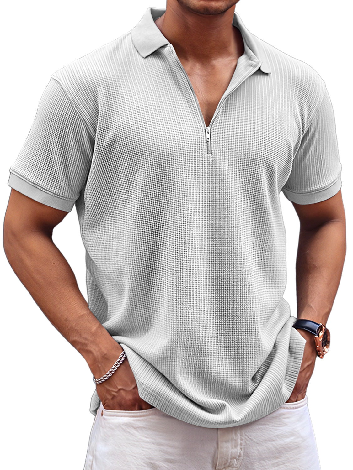 Men's Daily Waffle Casual Lapel Zipper Comfort Short Sleeve POLO Shirt
