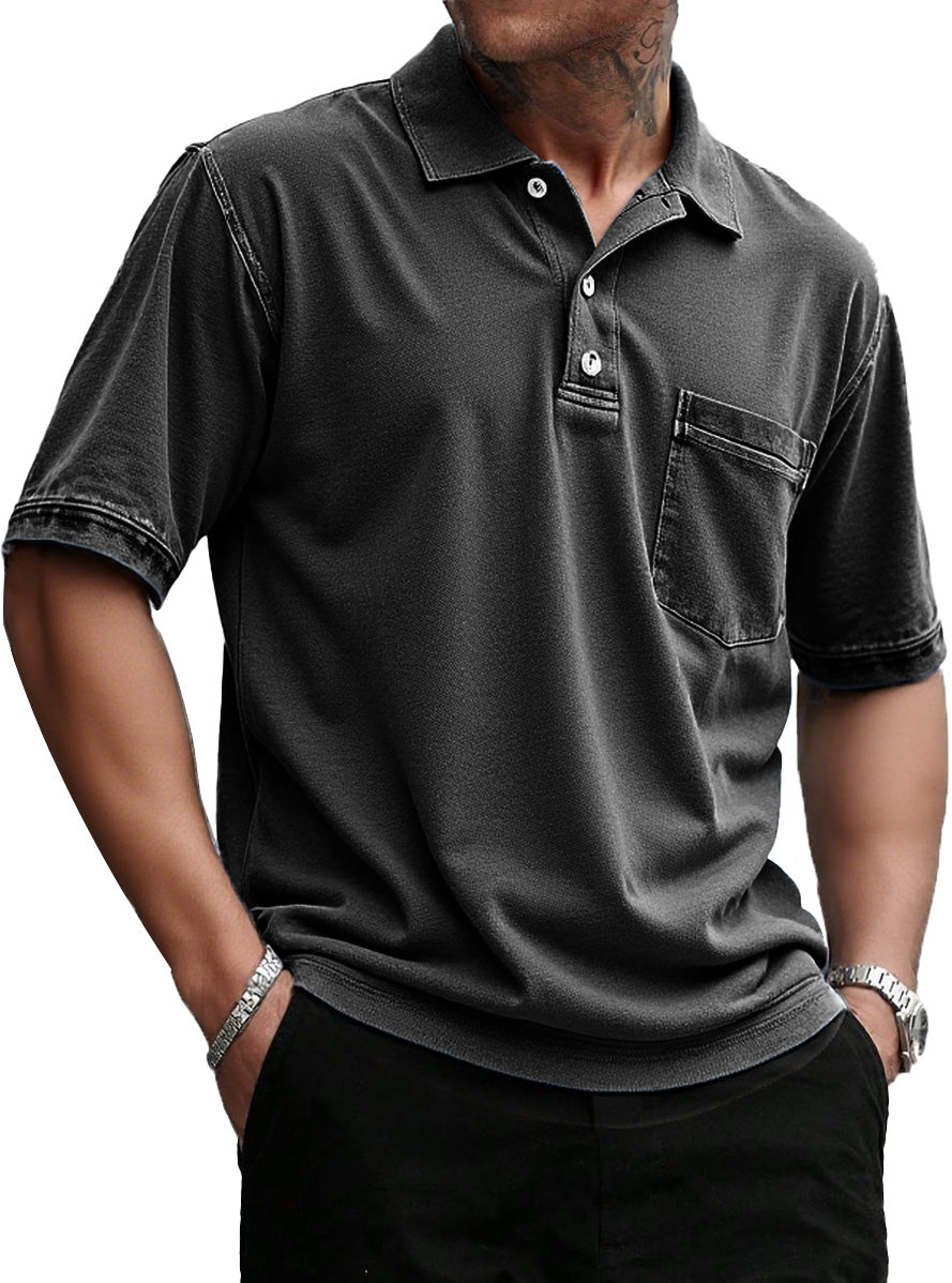 Men's Stylish Retro Pure Cotton Distressed Fabric Pocket Lapel Polo Shirt 