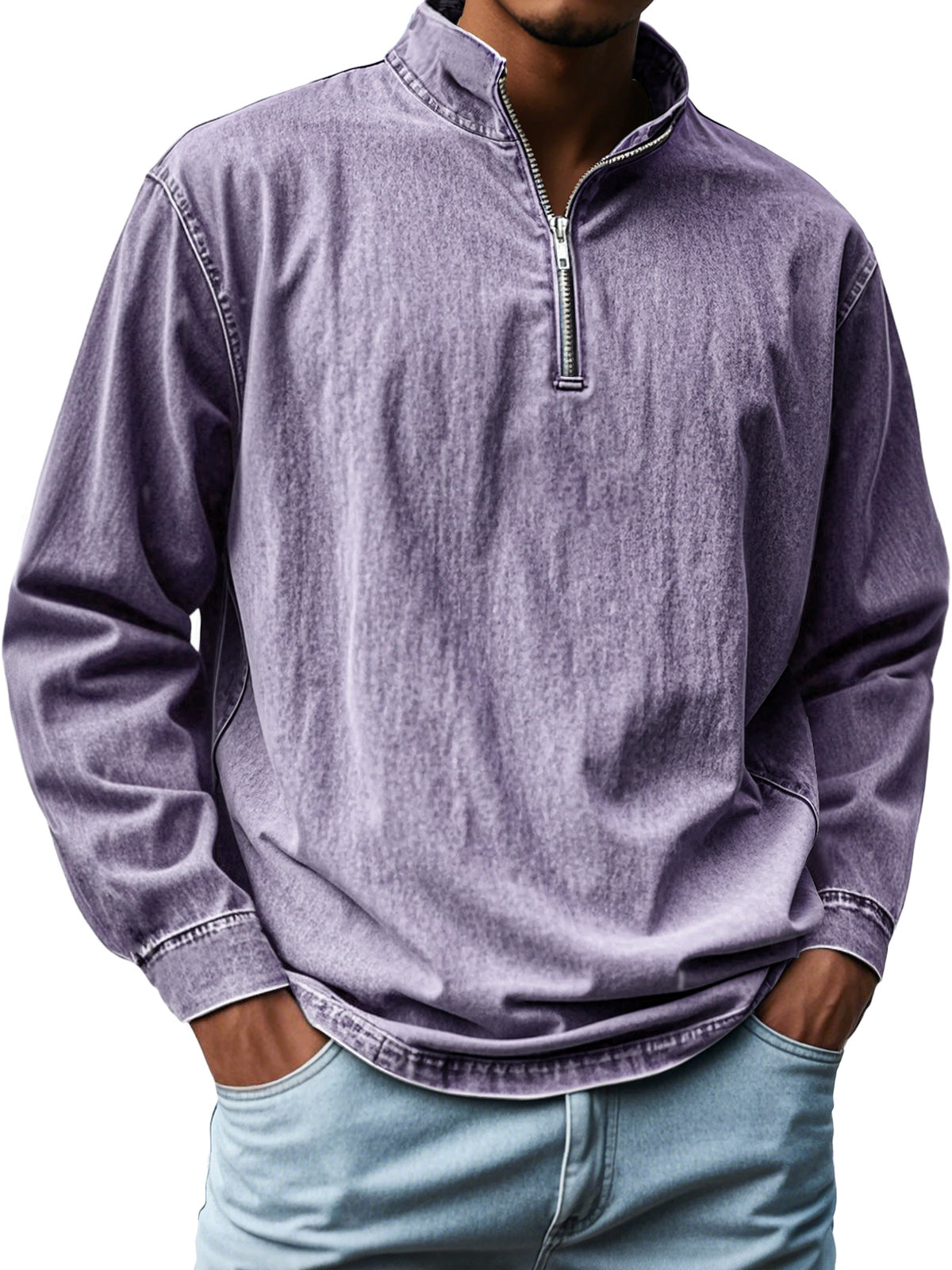 Men's Vintage Distressed Stand-up Collar Zipper Casual Long-sleeved T-shirt