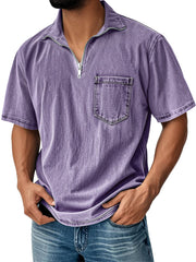 Men's Retro Daily Stand Collar Zipper Pocket Casual Short Sleeve T-shirt